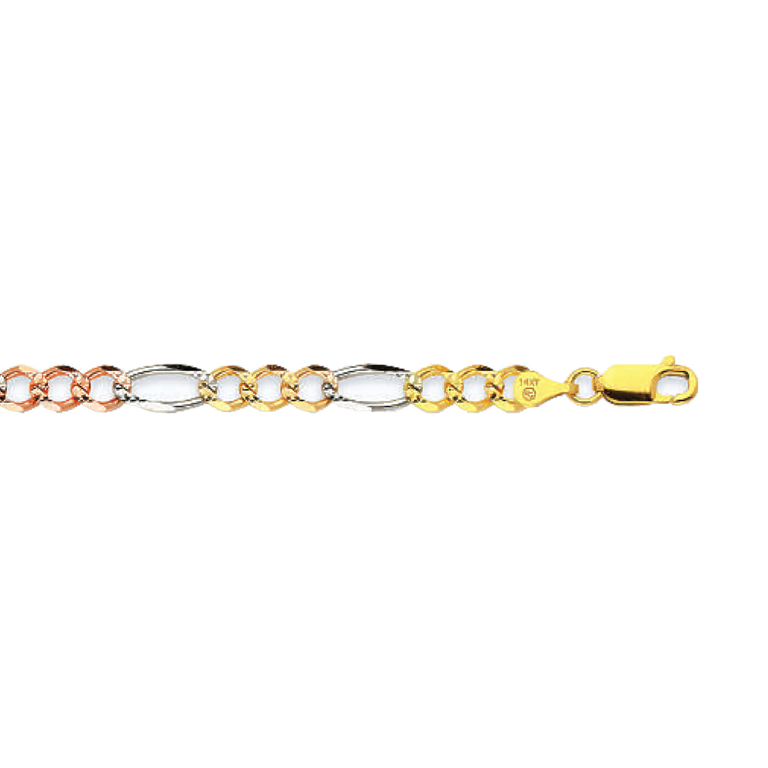 14K 5MM TRICOLOR GOLD SOLID FIGARO 24" CHAIN NECKLACE (AVAILABLE IN LENGTHS 7" - 30")