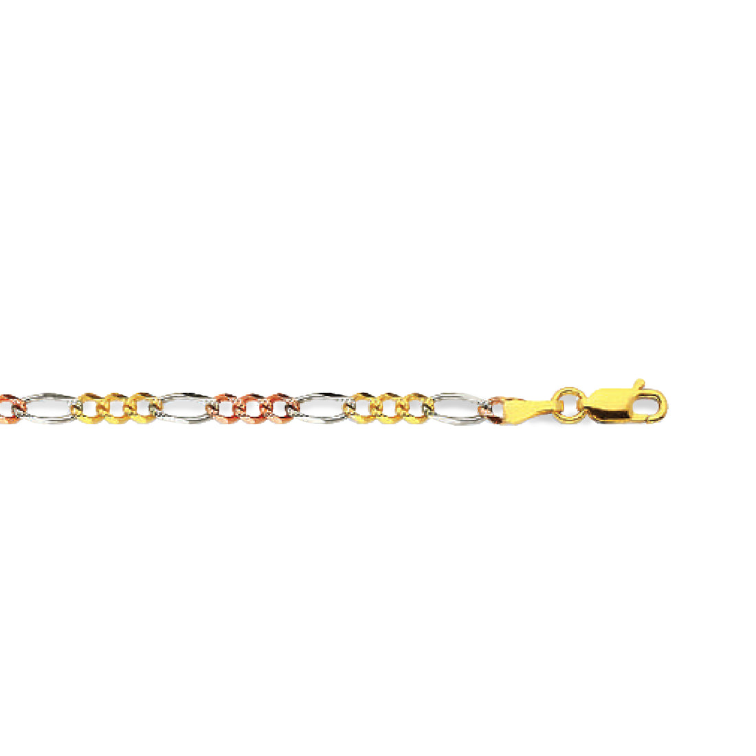 14K 3MM TRICOLOR GOLD HOLLOW FIGARO 28" CHAIN NECKLACE (AVAILABLE IN LENGTHS 7" - 30")