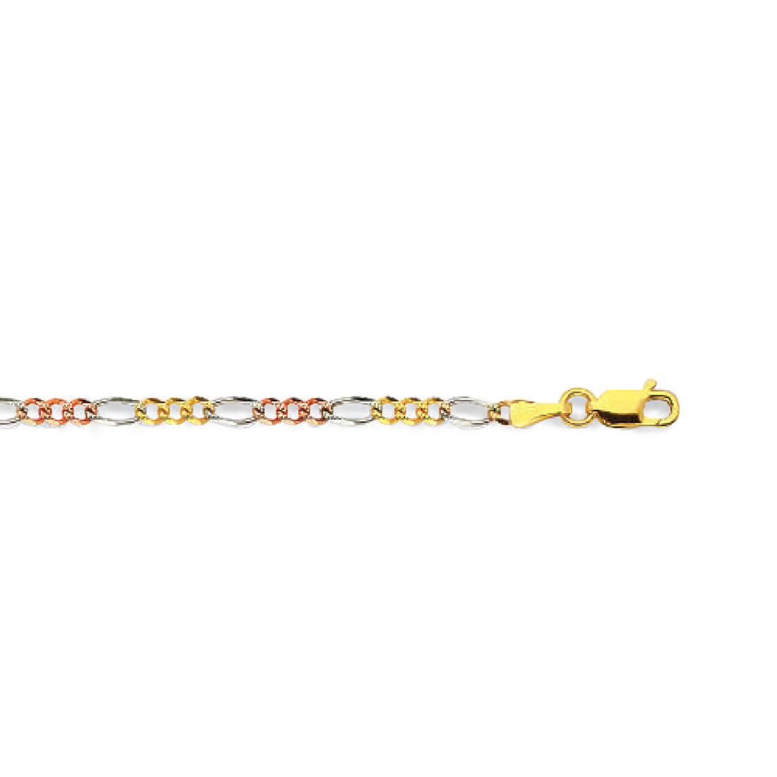 14K 2.5MM TRICOLOR GOLD SOLID FIGARO 22" CHAIN NECKLACE (AVAILABLE IN LENGTHS 7" - 30")