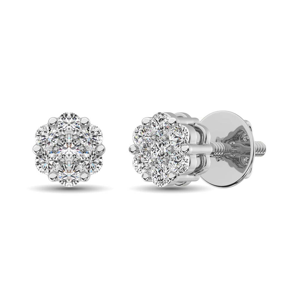 14K White Gold 7/8 Ct.Tw. Diamond Flower Studs Earrings