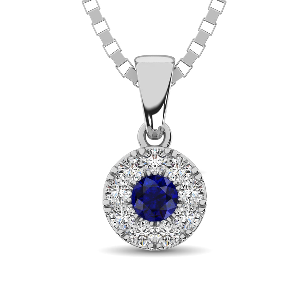 14K White Gold Diamond 1/4 Ct.Tw. and Blue Sapphire Pendant