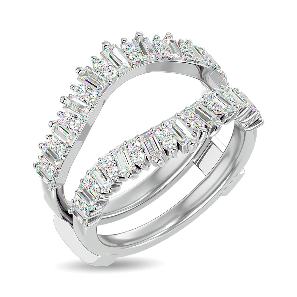 Diamond 7/8 ct tw Round and Straight Baguette Guard Ring  in 14K White Gold