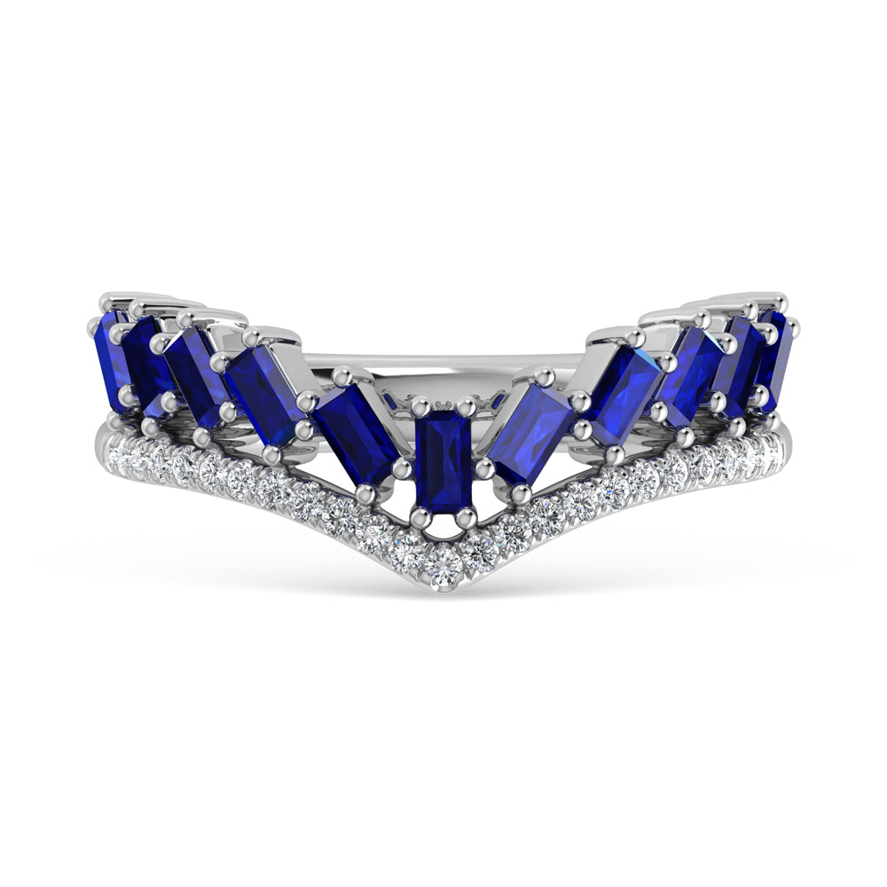 14K White Gold Diamond 7/8 Ct. Tw. Straight Baguette Diamond and Blue Sapphire Band