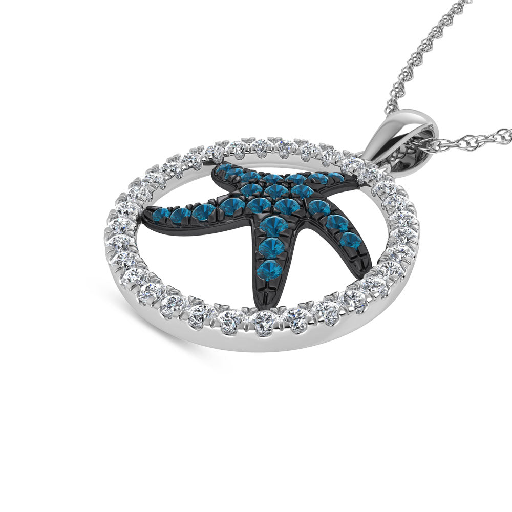 14K White Gold Diamond 1/2 Ct.Tw. And Blue Sapphire Starfish Pendant