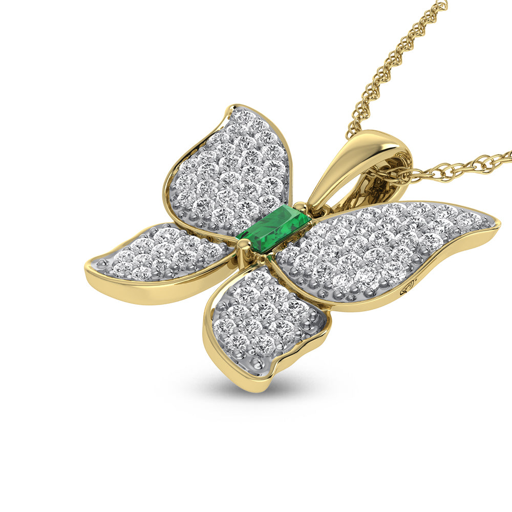 14K Yellow Gold Diamond 3/4 Ct.Tw. & Emerald Butterfly Pendant