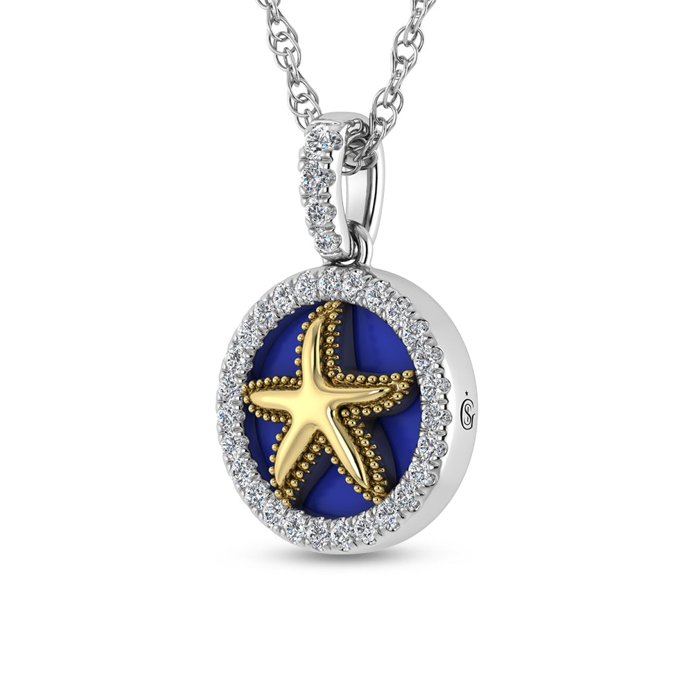 14K Two Tone 1/6 Ct.Tw. Diamond And Mother of Pearl Sea Of Life Star Fish Pendant