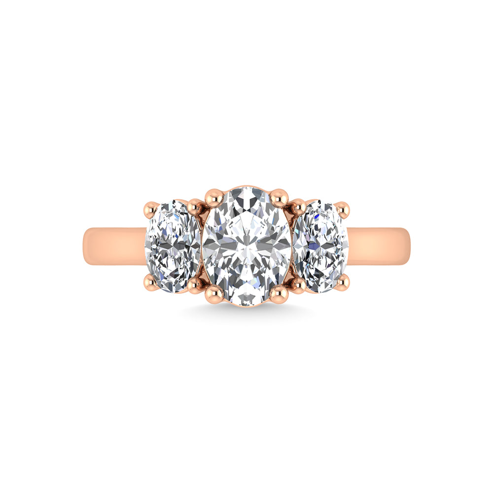 14K Rose Gold Lab Grown Diamond 3 Ct.Tw. Plain Shank Oval Shape Three Stone Engagement Ring