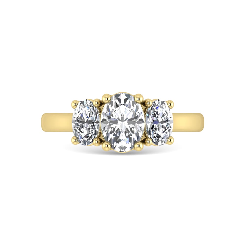 14K Yellow Gold Lab Grown Diamond 2 Ct.Tw. Plain Shank Oval Shape Three Stone Engagement Ring