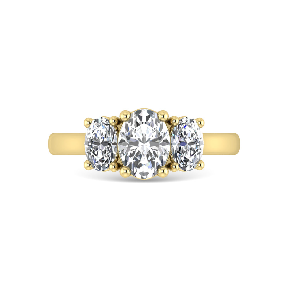 14K Yellow Gold Lab Grown Diamond 3 Ct.Tw. Plain Shank Oval Shape Three Stone Engagement Ring