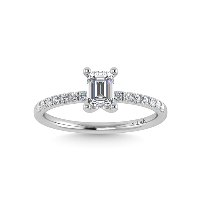 14K White Gold Lab Grown Diamond 1 1/5 Ct.Tw. IGI Certified Emerald Shape Hidden Halo Engagement Ring