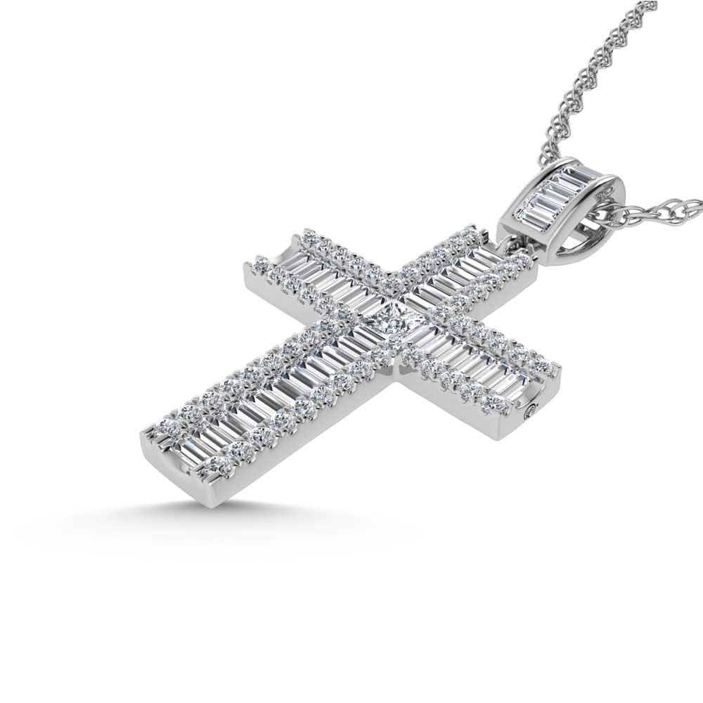 14K White Gold Round & Baguette Lab Grown Diamond 1 3/4 Ct.Tw. Cross Pendant