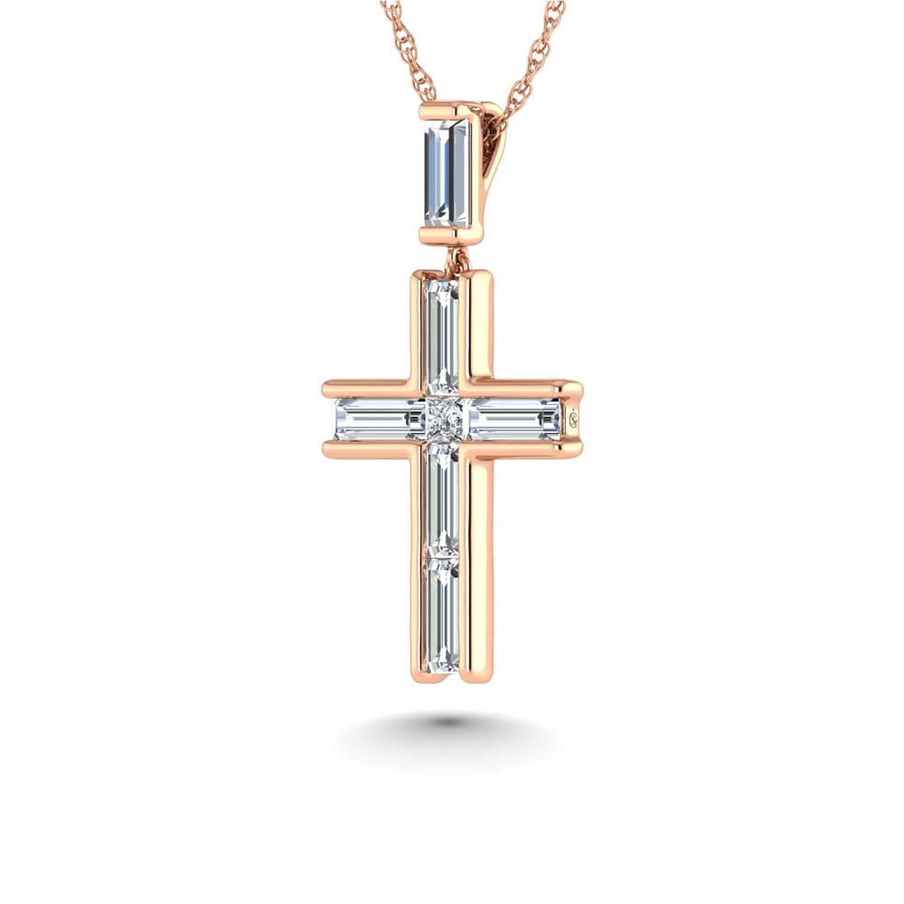 14K Rose Gold Lab Grown Diamond 2 1/5 Ct.Tw. Slim Baguette Cross Pendant