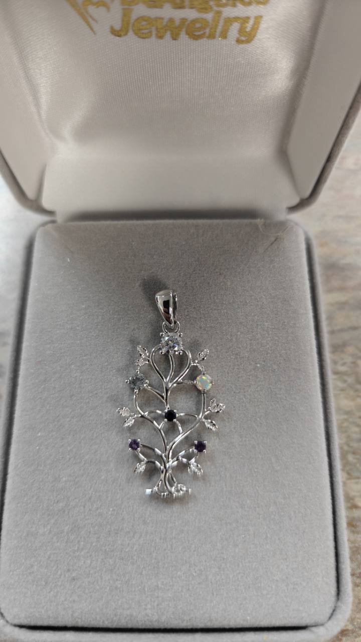 Finished custom family tree pendant with multicolored gemstones