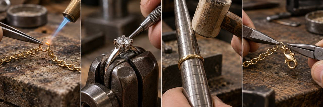 Jewelry repair collage showing chain repair, diamond setting, ring sizing, and clasp replacement