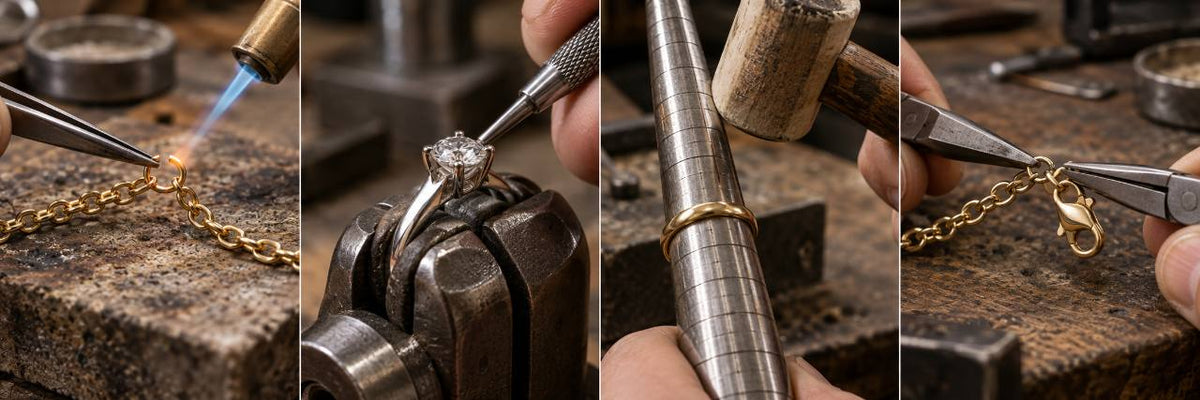 Jewelry repair collage showing chain repair, diamond setting, ring sizing, and clasp replacement
